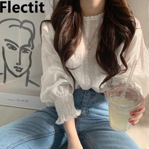 Flectit Long Sleeve Lace Blouse Comfy Cotton Embroidery White Puffy Shirt Summer Women Casual Outfit