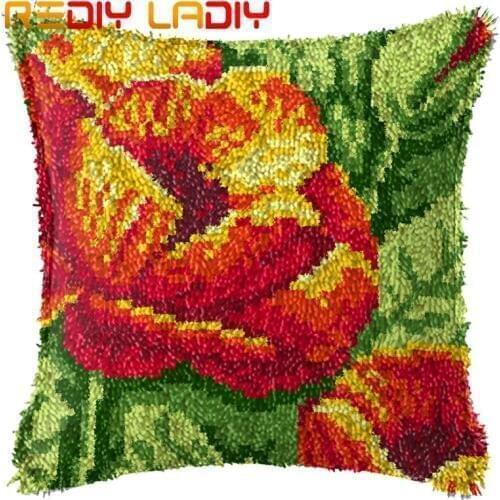 Latch Hook Cushion Red Poppy Flower Pillow Case Printed Color Canvas Acrylic Yarn Latched Hook Pillow Crochet Cushion Cover Kit