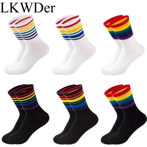 LKWDer 3 Pairs Womens Cotton Rainbow Happy Socks Black White Stripe Fashion Colorful Couples Casual Short Socks Japanese Meias