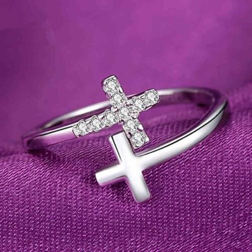 Fashion Dainty Cross Open Rings Christianity Creative Unique Silvery Jewelry For Women Wedding Valentines Day Gifts
