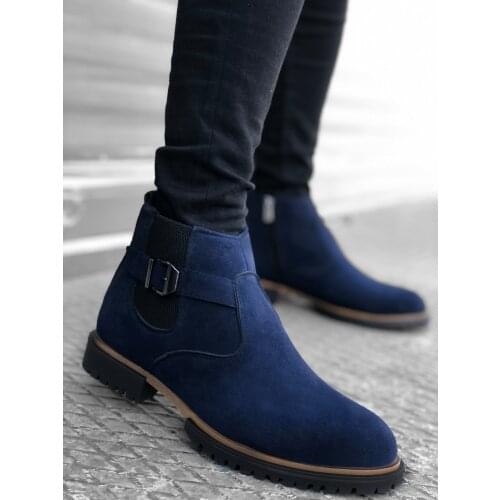 BA0156 Inside Furry Step-in Zipper Navy Blue Male Half Ankle Boot