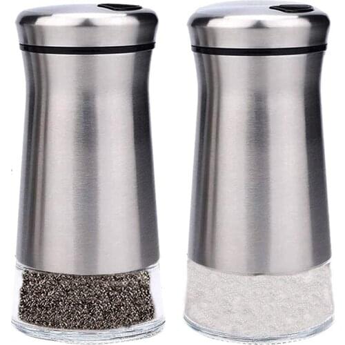 Stainless Steel Salt and Pepper Shakers Set with Glass Bottom and Adjustable Pour Holes for Home Restaurant