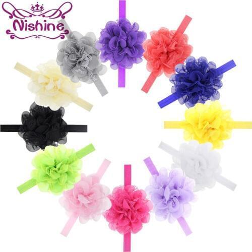 Nishine 10pcs/lot 15 Colors Lace Flower Kids Lovely Hairband Chiffon Flower Elastic Girls Headband Headwear Hair Accessories