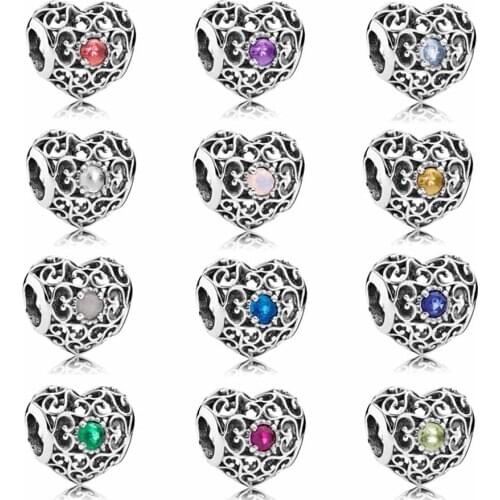 Original Openwork Month Signature Heart Birthstone Bead Fit Europe 925 Sterling Silver Bead Charm Bracelet DIY Jewelry