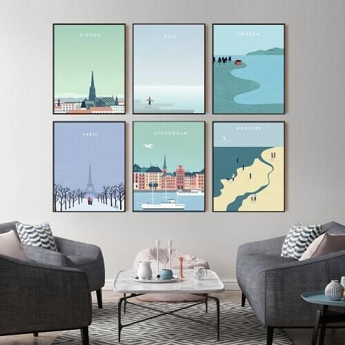 Paris Nordsse Sweden Stockholm Sylt Modern Minimalist Cartoon Travel City Poster Print Painting Canvas Art Wall Pictures Decor