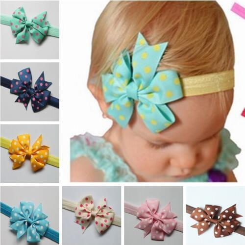 16 Colors Ribbon Dot Bow Headbands Baby Girl flower Headband Solid Color Children Hair Bow Elastic Infant Kids Hairband