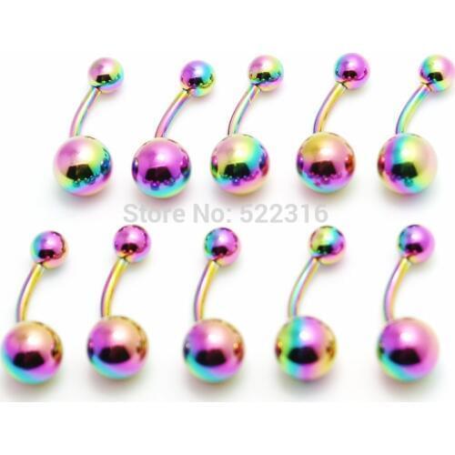 50pcs mix color lots stainless steel plain ball belly ring anodized rainbow color navel bar button ring body piercing jewelry