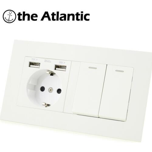 Atlectric DE EU RU Plug Socket 1 2 3 4 Gang 1 2 Way Button Light Switch Dual USB Port Plastic Panel Double Socket 146mm