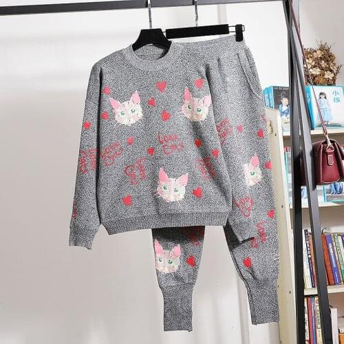 Black Gray Tracksuits Women Knitted Set Cartoons Print Sweater Pencil Pants Two Piece Outfits Female Loose Casual Knitting Suit