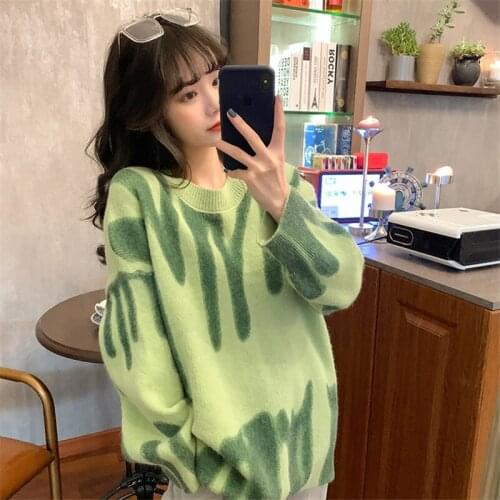 Hedging Girl One Size Bigger Winter Texture Sweater Korean Style Striped Loose And Thin Pullover Round Neck Long Sleeve Sweater