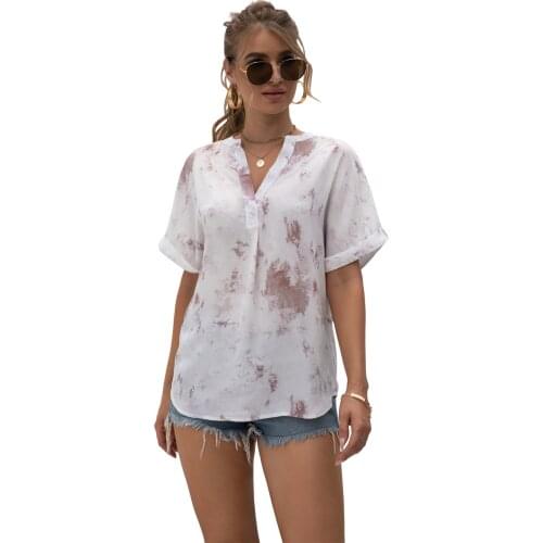 Summer 2021 Lady Hot Sale New Arrival Fashion Tie-Dye Printing V-Neck Blouse Tops Women Casual Splice Half Sleeve Chiffon Shirt