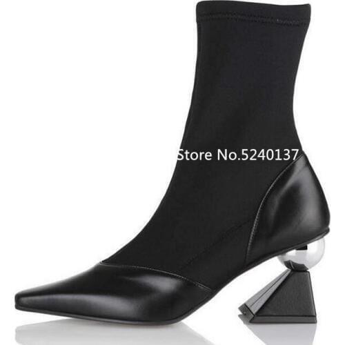 2019 New Design Strange Heel Women Ankle Boots Pointed Toe Stretch Fabric Slip-on Mixed Color Slim Fashion Boots Female