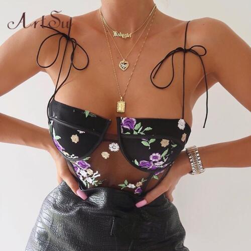 ArtSu Purple Floral Embroidery Lace Bodysuits Womens Bow Strappy Sexy Mesh Body suit Transparent Bodycon Romper ASJU60209