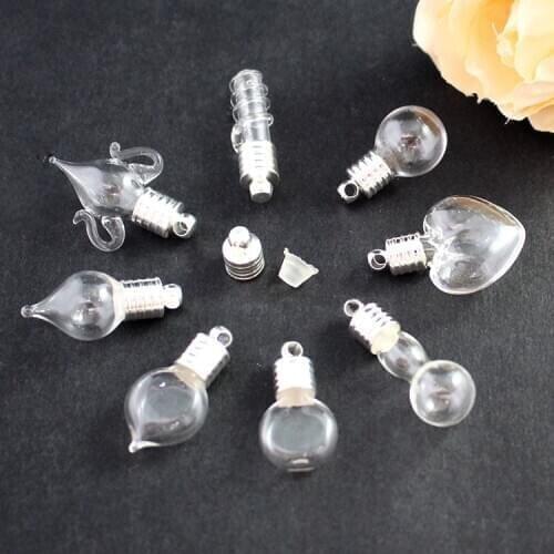 20pcs Silver CAP glass vial pendant Miniature Wishing Bottle clear oil charm name or rice art mini glass bottle craft materia