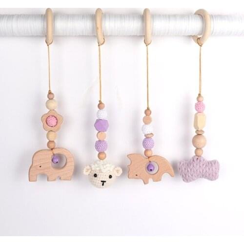 4 Pcs/Set Baby Gym Frame Pendants Crochet Rattle Wooden Teether Infant Newborn Teething Nursing Toys