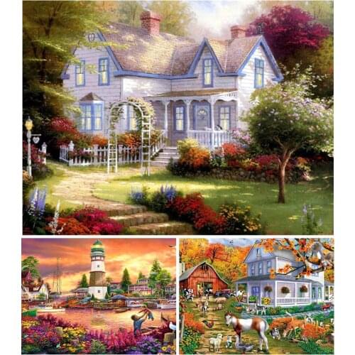 5D DIY Diamond Painting Full Square Landscape Garden Cross Stitch Diamond Embroidery Scenery House Mosaic Picture of Rhinestones