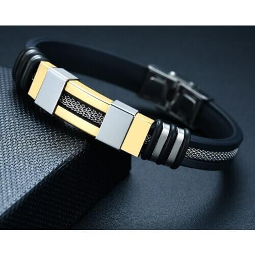 Stainless Steel Bracelet Men Wrist Band Black Grooved Rudder Silicone Mesh Link Insert Punk Wristband Stylish Casual Bangle