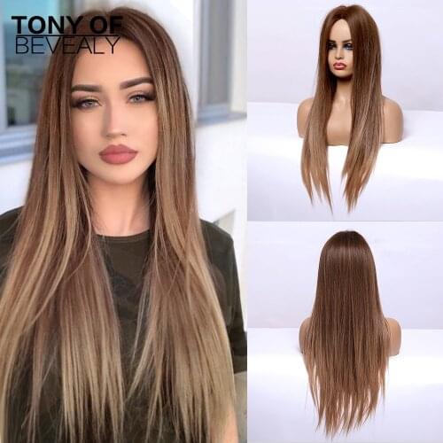 Long Straight Brown Ombre Natural Hair Wigs Middle Part Heat Resistant Synthetic Wigs for Afro Women Daily Cosplay Fashion Wigs