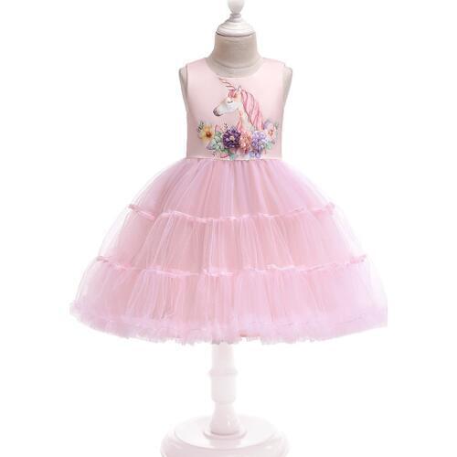 Unicorn Cake Flowers Girl Dress Cartoon Mesh Unicorn Girls Princess Dresses For Halloween Performance Costume 3-9 Y Kids Dress