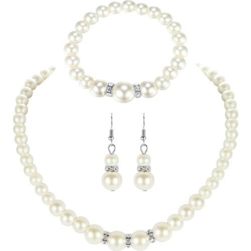 LXAE Elegant White Faux Pearl Necklace Earrings and Bracelet Pearl Beaded Chain Drop Earrings Costume Jewelry Set for Women