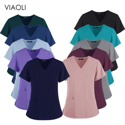 New multicolor optional unisex scrub short-sleeved pocket nursing worker T-shirt tops solid color wholesale laboratory clothing