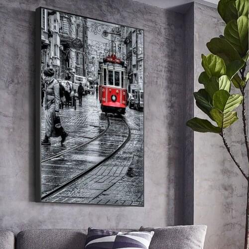 Red Tram On The Street Canvas Painting Print Wall Art Picture For Living Room Home Decor Wall Decoration Frameless