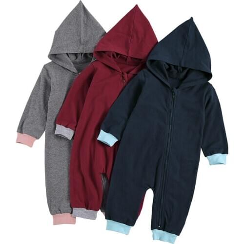 0-18M Casual Toddler Baby Girl Boy Romper Autumn Solid Color Long Sleeve Hooded Jumpsuit Zipper Hooded Outfit