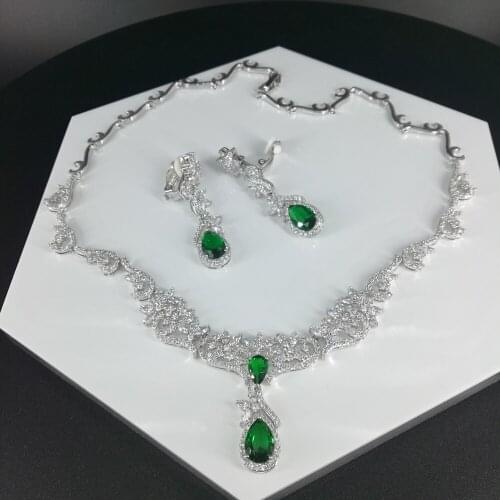 New fashion retro red green water drop CZ zircon necklace earring set,wedding bridel party banquet dress jewelry free shipping