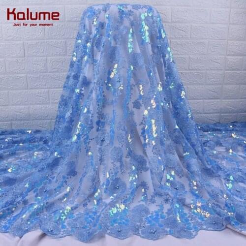 Kalume Latest African Sequins Lace Fabric Skyblue French Mesh Sequins Lace Fabric Dress Nigerian Tulle Lace For Wedding 1956