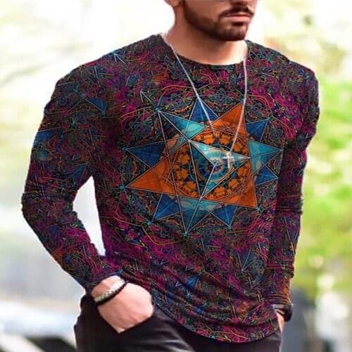 New O Collared Plus Size Tshirts Mens Vintage Harajuku Ethnic Printed Long Sleeve T Shirts Fashion Clothes For Men Spring Autumn
