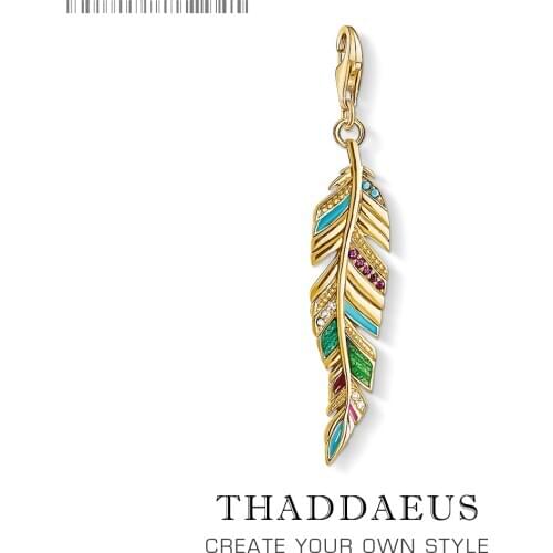Golden Ethnic Feather Pendant Charm 2019 New Arrival 925 Sterling Silver Gift Simple Fashion Jewelry Fit Bracelet Necklace