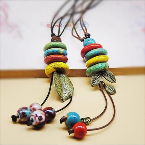 Ethnic style Handmade ceramic Pretty pendant Sweater chain necklace N379