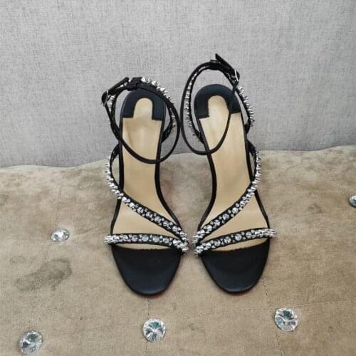 Casual Designer sexy lady fashion womens sandals pointy toe studded spikes strappy ankle stiletto stripper High heels sandalia