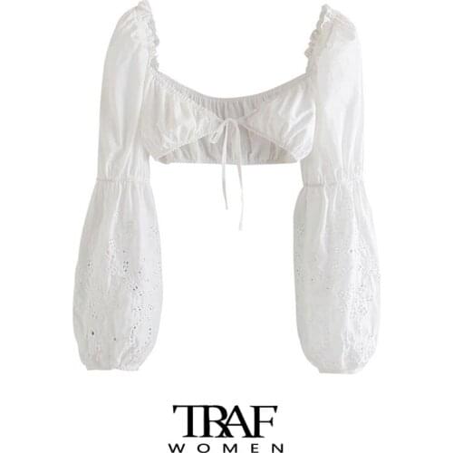 TRAF Za Women Sexy Fashion Hollow Out Embroidery Crop Blouses Vintage Lantern Sleeve Elastic Trims Female Shirts Chic Tops