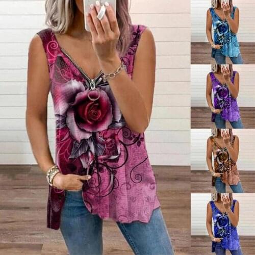 V Neck Zipper Printed Sleeveless Shirt Women Sexy Summer Casual Loose Rose Floral Vest T Shirt Fashion Plus Size Pullover Tops