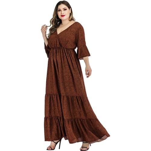 V-neck High Waist Summer Dress Leopard Print Flared Sleeves A-line XL To 6XL Plus Size Long Maxi Dresses for Women T2036