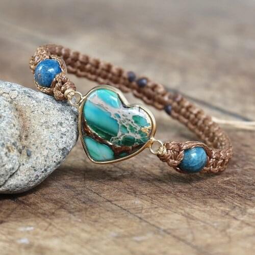 Handmade Jewelry Apatite Heart Shape Charm Bracelets Friendship Braided Macrame Bangle Lover Wrap Bracelet Femme Dropship
