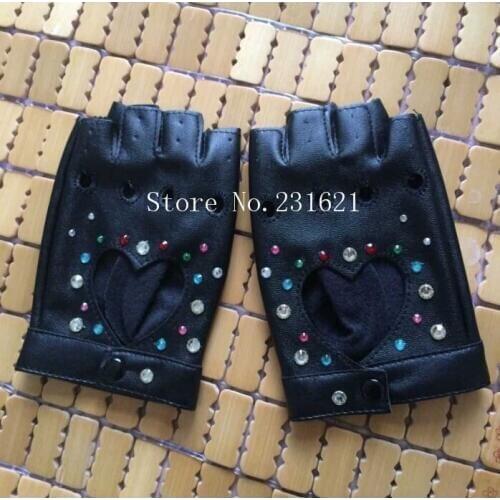Womens fashion Personalized diy rhinestone diamond hip-hop gloves star hot-selling PU leather gloves sexy fingerless glove