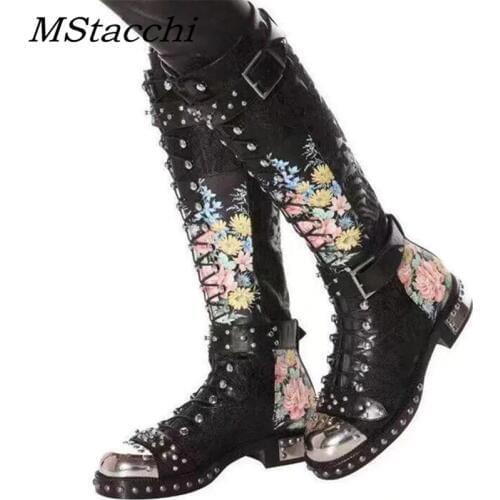 MStacchi Rivets Studded Buckle Knee High Boots Women Embroidered Leather Print Flower Flat Motorcycle Boots Winter Shoes Woman