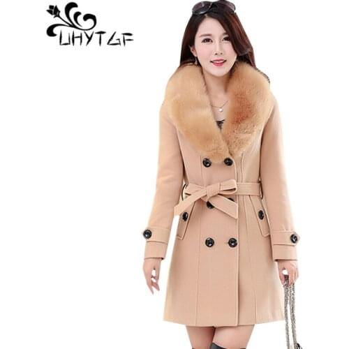 UHYTGF Autumn Winter Wool Coat Women Fashion Fur Collar Woolen Jacket Ladies Long Belt Lapel Plus Size Cashmere Outerwear 695