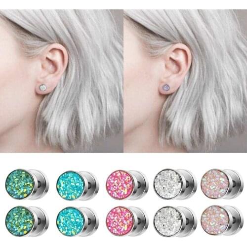 Shiny Acrylic Crystal Stud Earrings Punk Stainless Steel Earrings for Women Barbell Ear Piercing Ear Studs Plug Jewelry