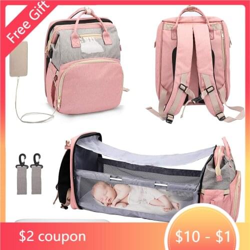 2021Fashion Portable Folding Crib Diaper Bag Multi-Function Large Capacity Baby Backpack Diaper Bag Baby Stroller Organizer Bag