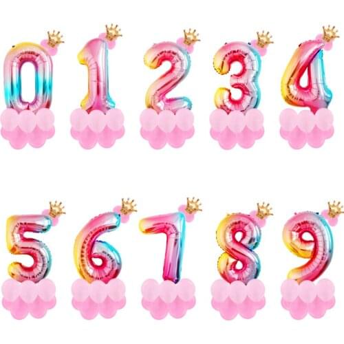 1set 32inch Rainbow Foil Number Balloon with Crown Wedding Anniversary Party Latex Balloon Decor Kids Birthday Air Ball Supply