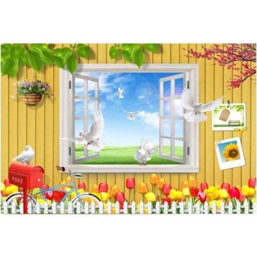 3d photo wallpaper custom mural Windows flowers pigeons landscape wood planks home decor wall paper in the living room