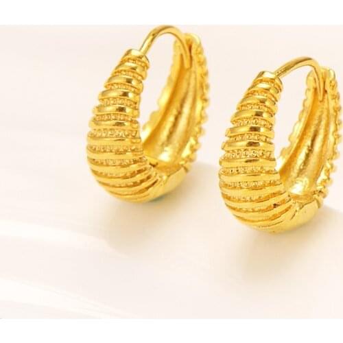 Pure 24K Solid Fine Yellow GF Big Earrings Hoop Women Gift Empty Tube Carved Round