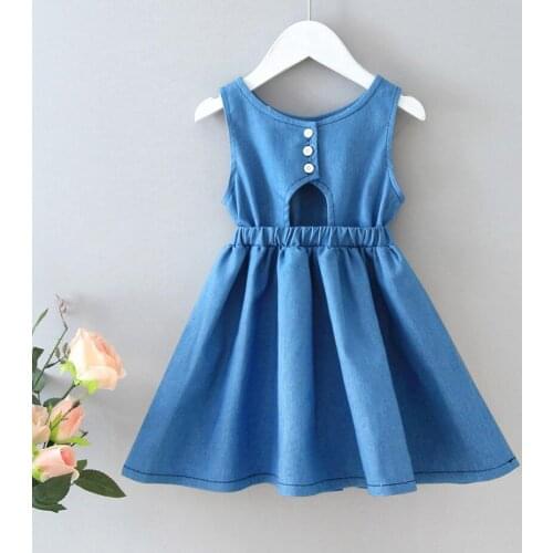 Girls Vest Denim Dress For Kids Summer Sleeveless Shows Back Collect Waist Casual Baby Costume