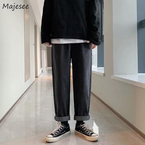 Men Jeans Ankle Length Loose Leisure Chic Harajuku Baggy Males Straight Solid All-match Denim Korean Style Retro Chic Trendy New