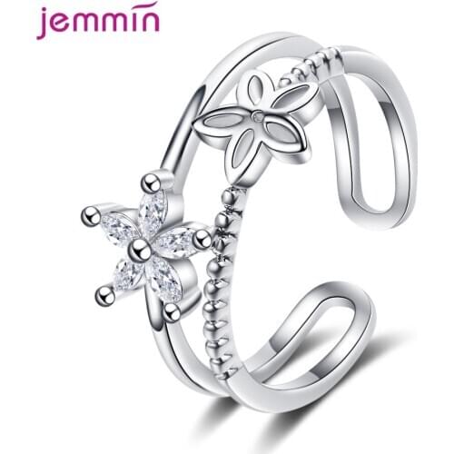 100% Pure 925 Sterling Silver New Women Fashion Jewelry Clear Crystal Zircon Simple Hollow Flower Open Size Adjustable Ring
