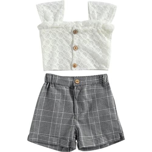 Toddler Baby Contrast Color Two-pieces Set, Infant Girls Square Collar Sleeveless Tops + High Waist Plaid Short Set 6M-4T Summer