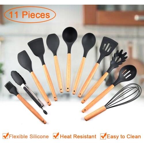 11 Pcs Silicone Kitchen Utensil Set Beech Wooden Handle Heat-Resistant Non-Stick Spoon Spatula Ladle Cooking Tools